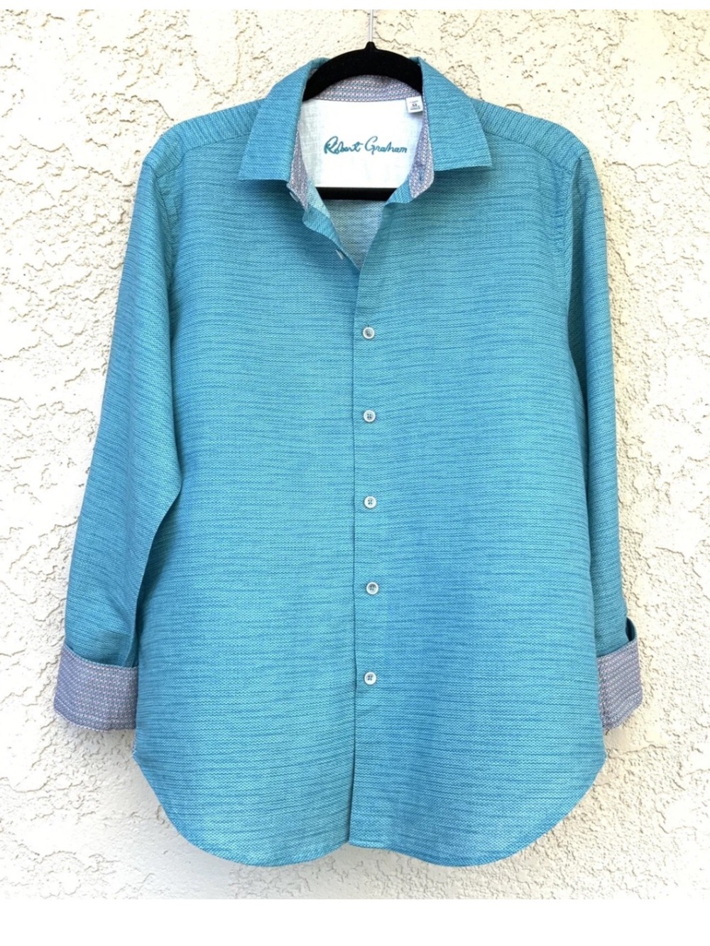 Robert Graham Brixton Turquoise Linen Cotton Shirt Size M Flip Cuff Button-Up
